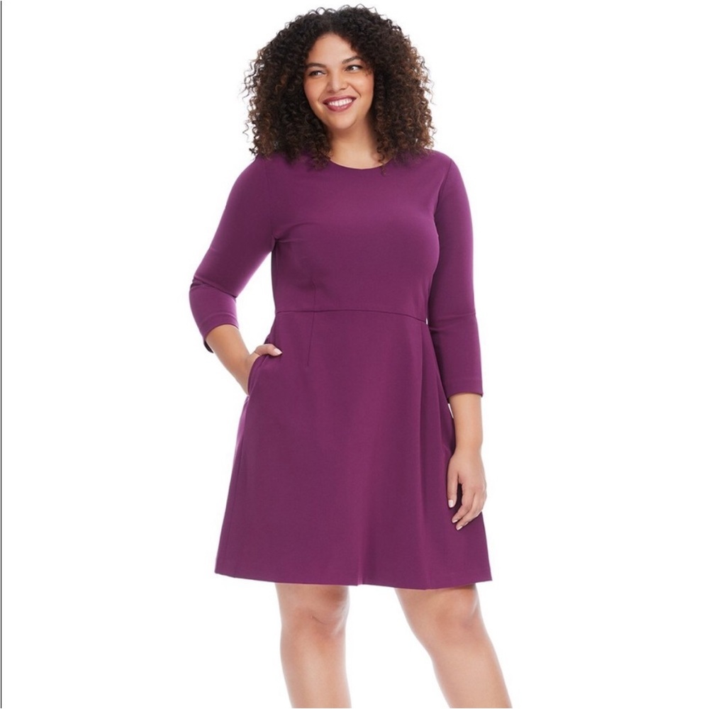 Of/Mercer Rodney A-Line 3/4 Sleeve Dress with Pockets, Deep Fuchsia, O